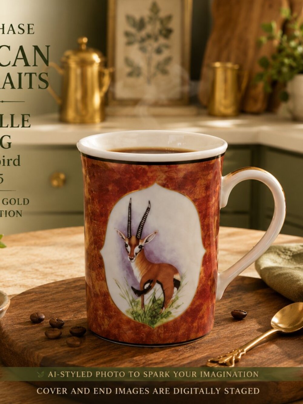 Lynn Chase African Portraits Gazelle Bird Mug 24K Gold Safari 1995